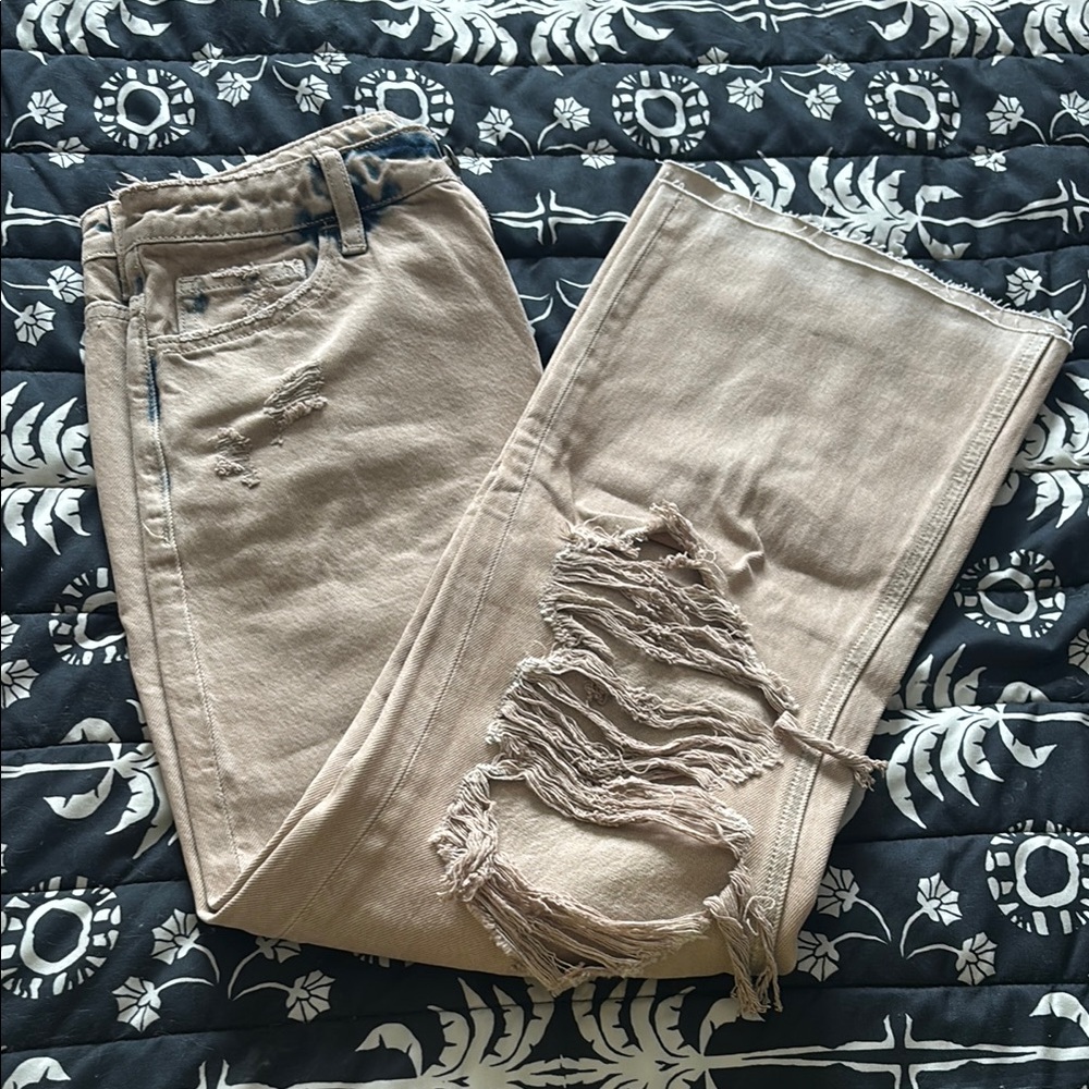 VERVET BY FLYING MONKEY Tan Flare Distressed Jeans